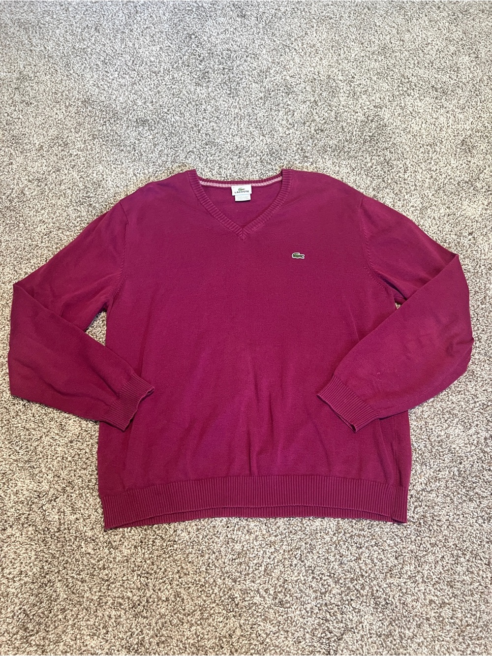 Lacoste Mens XL 6 Pullover Sweater Purple V Neck Long Sleeve Knit Logo Preppy